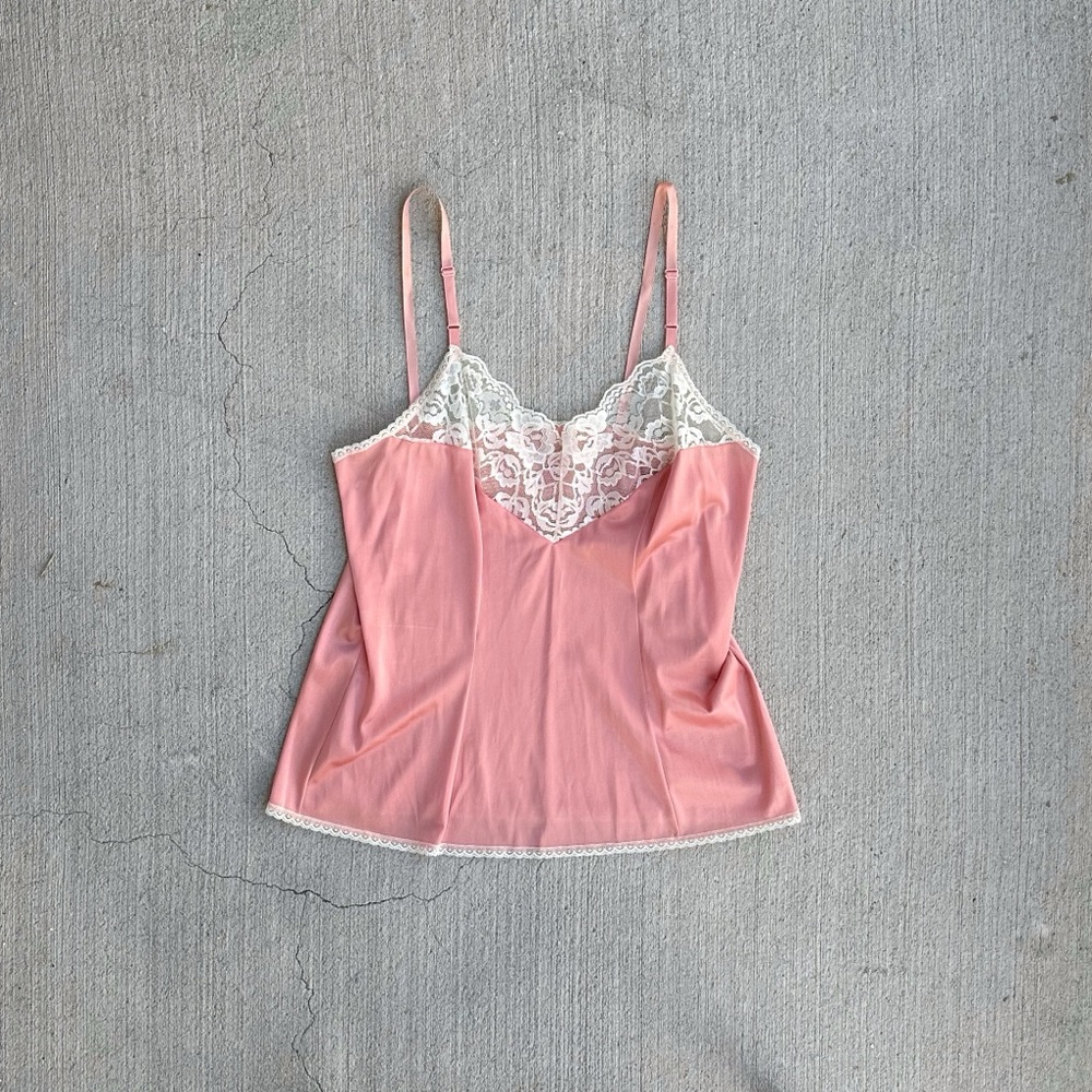 pink satin camisole with white lace
